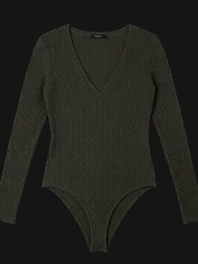 Forever 21 Olive Ribbed V-Neck Long Sleeve Bodysuit